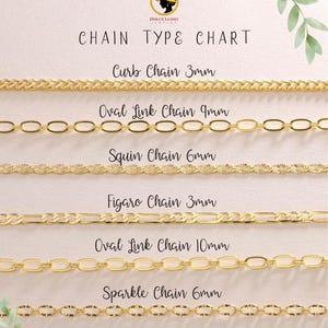 K&ouml;nnte beinhalten: Eine Goldketten-Typentabelle mit sechs Stilen: 3mm Curb Chain, 9mm Oval Link Chain, 6mm Squin Chain, 3mm Figaro Chain, 10mm Oval Link Chain und 6mm Sparkle Chain. Das Logo von Dolce Lusso Jewelry ist oben mit dem Text Chain Type Chart abgebildet.