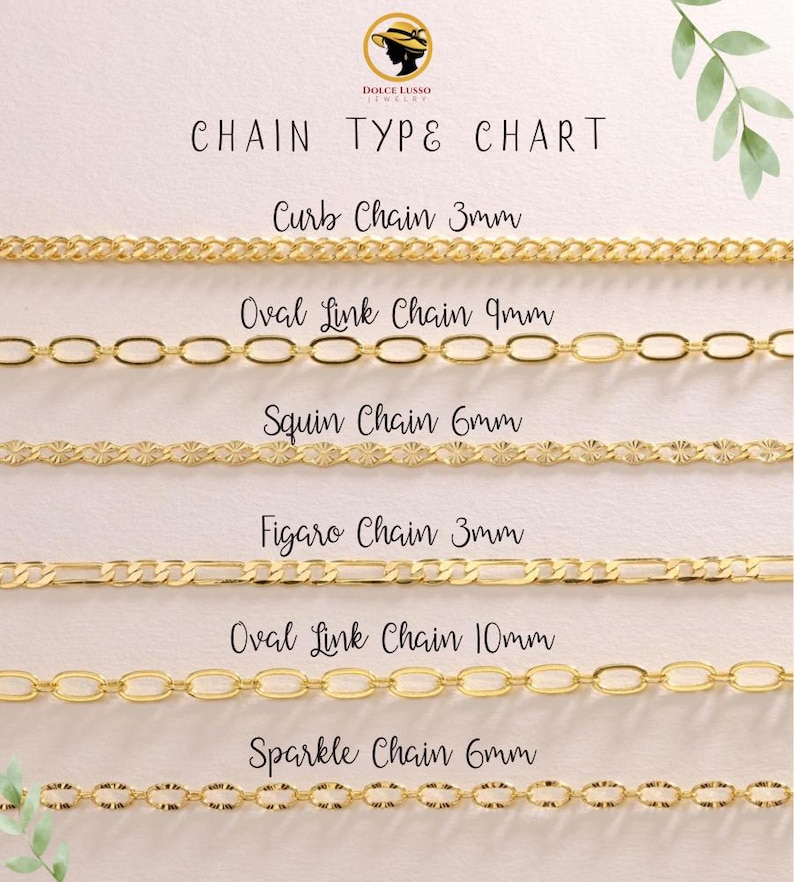 K&ouml;nnte beinhalten: Eine Goldketten-Typentabelle mit sechs Stilen: 3mm Curb Chain, 9mm Oval Link Chain, 6mm Squin Chain, 3mm Figaro Chain, 10mm Oval Link Chain und 6mm Sparkle Chain. Das Logo von Dolce Lusso Jewelry ist oben mit dem Text Chain Type Chart abgebildet.