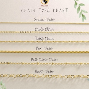 K&ouml;nnte beinhalten: Eine Goldketten-Typentabelle mit sechs horizontalen Goldketten, beschriftet als Snake Chain, Cable Chain, Twist Chain, Box Chain, Ball Cable Chain und Heart Chain. Das Dolce Lusso Jewelry Logo befindet sich oben mit gr&uuml;nen Bl&auml;ttern.