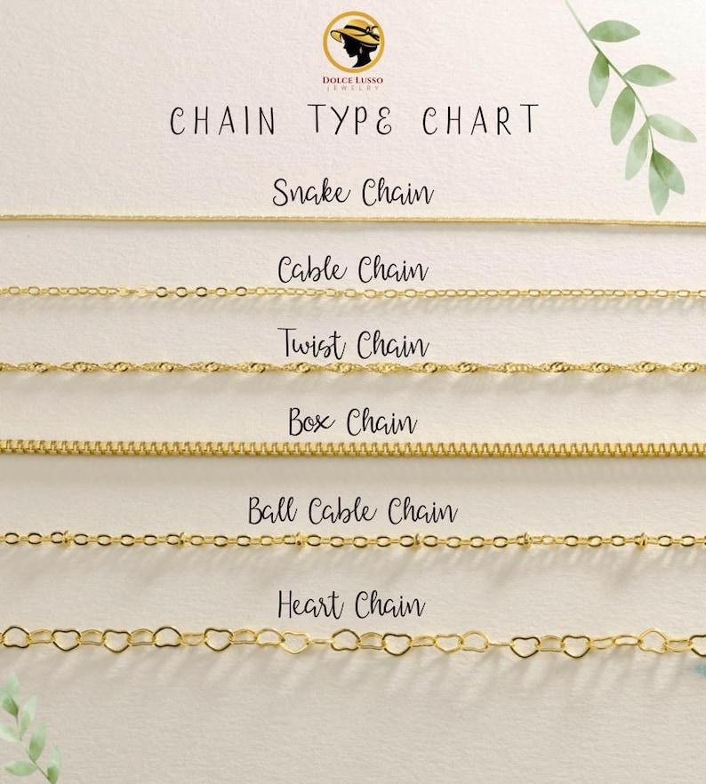 K&ouml;nnte beinhalten: Eine Goldketten-Typentabelle mit sechs horizontalen Goldketten, beschriftet als Snake Chain, Cable Chain, Twist Chain, Box Chain, Ball Cable Chain und Heart Chain. Das Dolce Lusso Jewelry Logo befindet sich oben mit gr&uuml;nen Bl&auml;ttern.