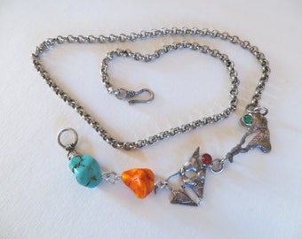 Sterling Silver Statement Necklace, Raw Turquoise, Carnelian, Emerald, Boho OOAK