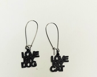 Love My Dog Cat Alligator Earrings, Black Steel Asymmetric Jewelry