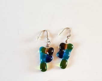 Fused Glass Earrings, Sterling Silver, Blue Green Dangle Jewelry