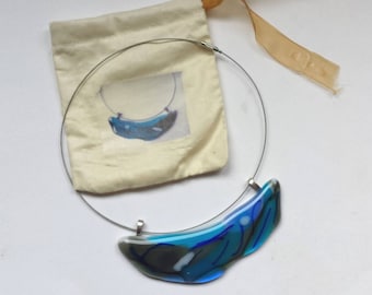 Fused Glass Art Pendant, Blue Gray Necklace, Silver Color Chain