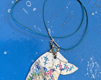 Handmade embroidered Fine Silver leaf Necklace, Bohemian Jewelry