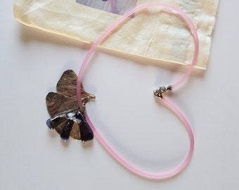 Fused Glass Ginkgo Leaf Necklace, Sterling Silver, Lilac Rubber Chain