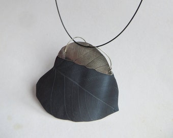 Anodized Aluminum Leaf Heart Pendant, Fine Silver Necklace, Magnetic Chain