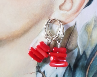 Rough coral silver 925 leverback earrings RAW in white, red, pink coral gift dangle bohemian beachie hippie artisan jewelry