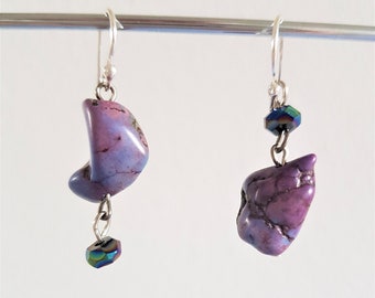 Raw Turquoise Silver Earrings, Mismatched Bohemian Dangle Ear Clips, OOAK