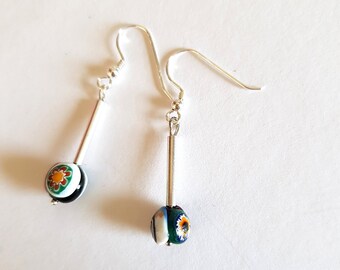 925 Silver Millefiori Dangle Earrings, Venetian Glass