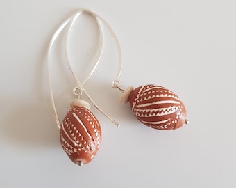 Handmade Terracotta Sterling Silver Dangle Earrings, Brown White Ceramic