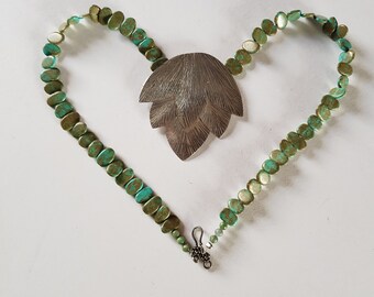 Handmade Fine Silver Lotus Necklace, Malachite Gemstone Chain, Bohemian Jewelry