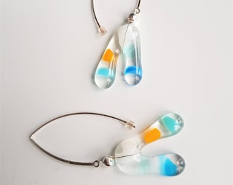 Fused Glass Maple Seed Earrings, Sterling Silver, Botanical Jewelry