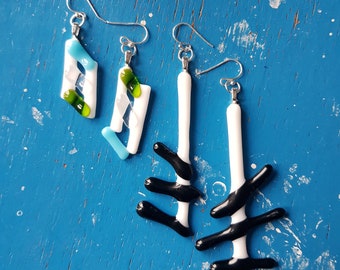 Fused glass earrings in Black and White and something Blue White Green, Silver glass jewelry, dangle glass-earrings