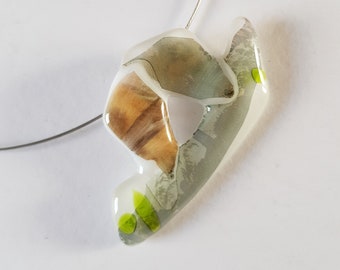 Fused Glass Statement Necklace, Green Gray White Art Pendant, Dutch Design