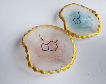Serotonin Dopamine schaaltje van glas kunst, wetenschap ringen-kommetje, molecule geluk symbolen, biologie, psychologie, neurotransmitter