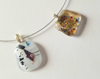 Fused Glass Art Pendant Necklace, Gold or White Glass Fusing, Friendship Jewelry
