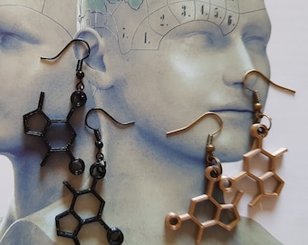 Chocolade oorbellen, Theobromine molecule sieraad, wetenschap leraren cadeau gift, chocola verslaving biologie zwart goudbruin