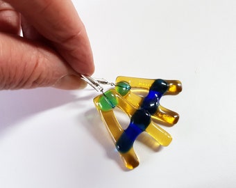 Fused Glass Initial Earrings, 925 Sterling Silver, Monogram A-Letter