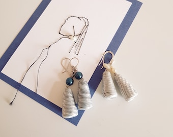 Silver earrings with Black or White pearl and paper,  Artistic Natural Jewelry from the Netherlands
