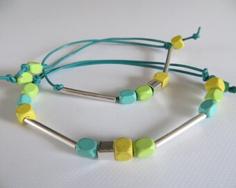 Mint Leather Bracelet, Sterling Silver Tube, Wooden Beads