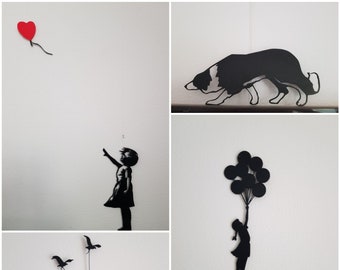 Banksky inspired wall decoration 3D made, border collie, girl with red balloon, flying balloon, bird kite