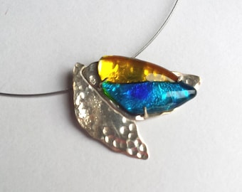 Fused Glass Art Pendant, Silver Autumn Leaves Necklace, Handmade Statement Jewelry