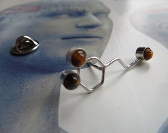 Silver brooch, Tie clip Dopamine molecule pin brooch with three Tiger's Eye gemstones