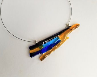 Glass pendant in Blue Gold-Yellow art, Statement fused-Glass-art necklace design colored jewelry, Netherlands support Oekraine art