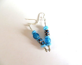 Handmade Sterling Silver Blue Ghana Tribal Bead Earrings, Minimalist Jewelry