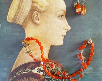 Carnelian Silver Necklace, Gold Accent Magnetic Clasp, Knitted Bib Jewelry