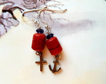 Handmade Coral Earrings, 925 Silver, Cross and Anchor Charm