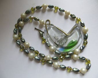 Fused Glass Necklace, Dutch Cradle Art, Beaded Chain, Personalized Gift