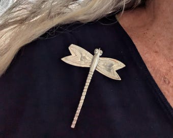 Art Nouveau 925 Silver Dragonfly Pin, Handmade Insect Brooch