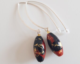 Japan silver earrings in kintsugi art style jewelry in red, black and gold, long dangle ear-jewel