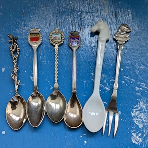 Vintage Enamel Shield Souvenir Spoons, Animal & Bird Collectibles