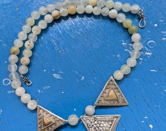 Statement jade collier, met Zilver, Floraal Botanisch lotus bloem sieraad, Bohemian yoga hippie ketting