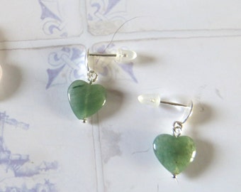 Aventurine Heart Sterling Silver Ear Studs, Minimalist Jewelry