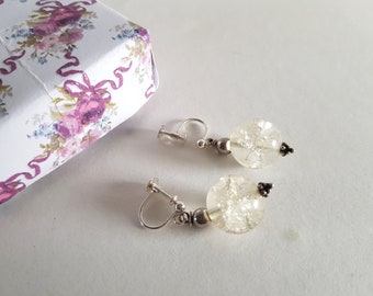 Sterling Silver Clip On Earrings, Clear Crackle Quartz, Handmade