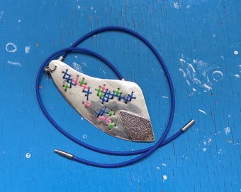 Handmade embroidered Fine Silver Necklace in blue, Bohemian Jewelry
