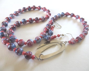 Statement Glass Bead Necklace, Silver Paperclip Clasp, Earrings Set