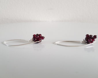 Bunches of grapes Earrings- Long dangle silver garnet cluster sparkling Earrings, red wine earrings with Zeeland knot