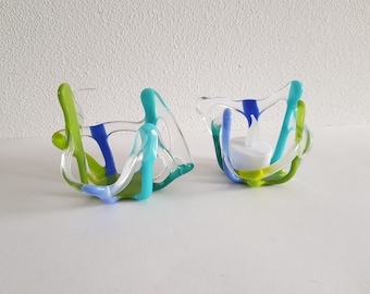 Fused Glass Art Object, Blue White Green, Dutch Contemporary Design, Tea Candle Holder