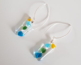 Fused glass earrings, something Blue, Green and Yellow, Silver 925 Glass-Jewelry, Long Dangle glass-earrings Netherlands