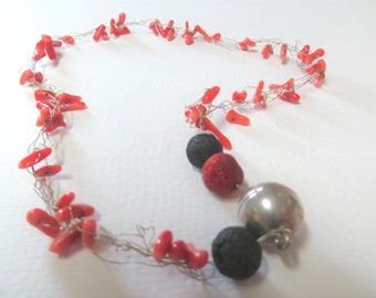 Red Coral Sterling Silver Knit Necklace, Lava Stone Magnetic Clasp