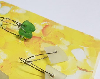 Raw Sea Glass Earrings,  Heineken Green & Clear Blanc, Minimalist Steel Jewelry