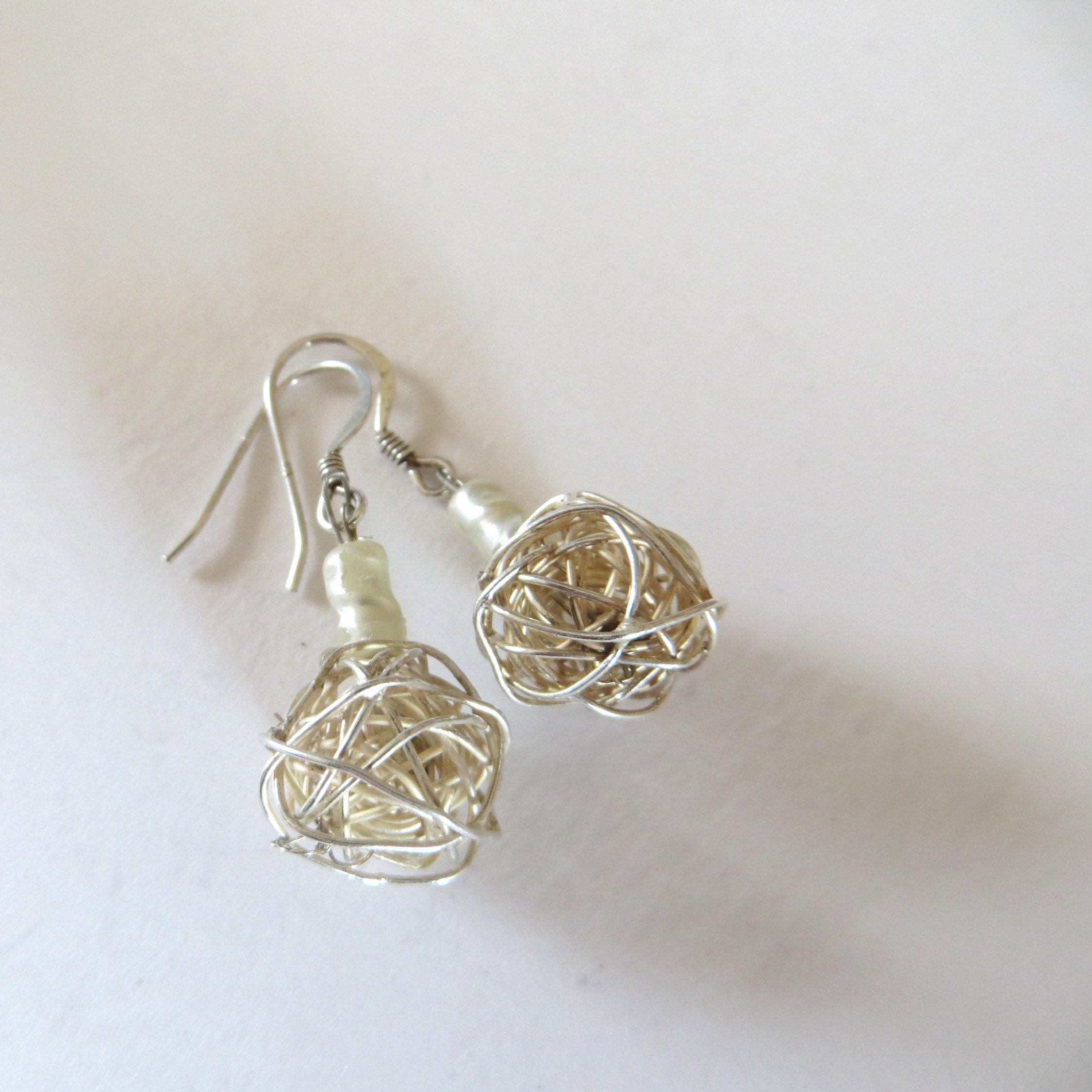 Silver knot earrings with white pearl Love Knot Earrings Wrap Etsy