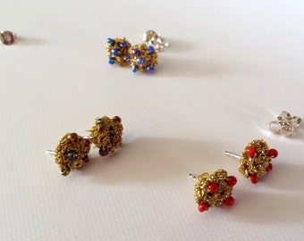 Handmade Sterling Silver Ear Studs with Gold Wire and Colorful Beads
