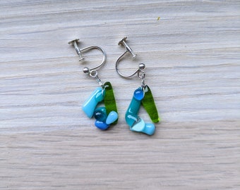 Fused Glass Silver Earrings, Colorful Wreath Design, Unique Jewelry