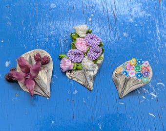 Silver 925 Flower Brooch, Fabric, Pink Silk or Ceramic Mint Flowers